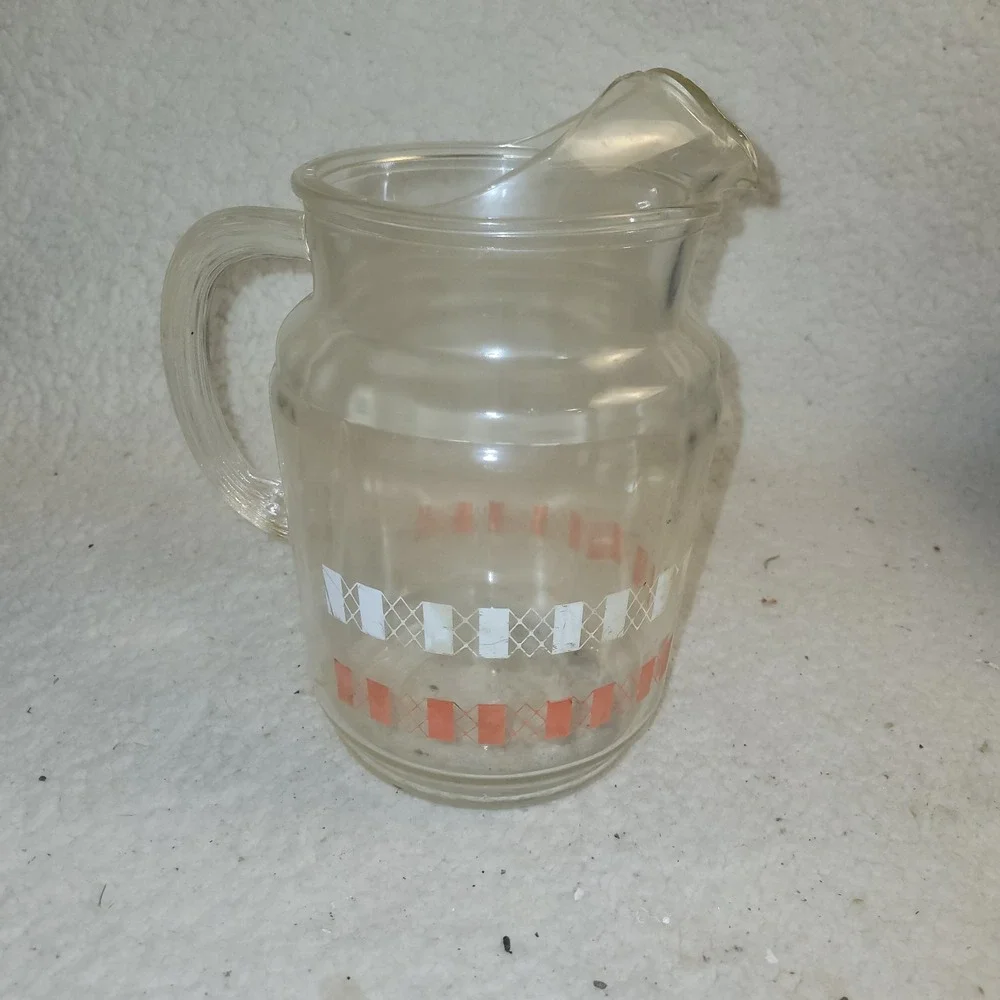 Vintage Clear Glass Pitcher Orange White Diamond Band‎ Pattern Mid Century